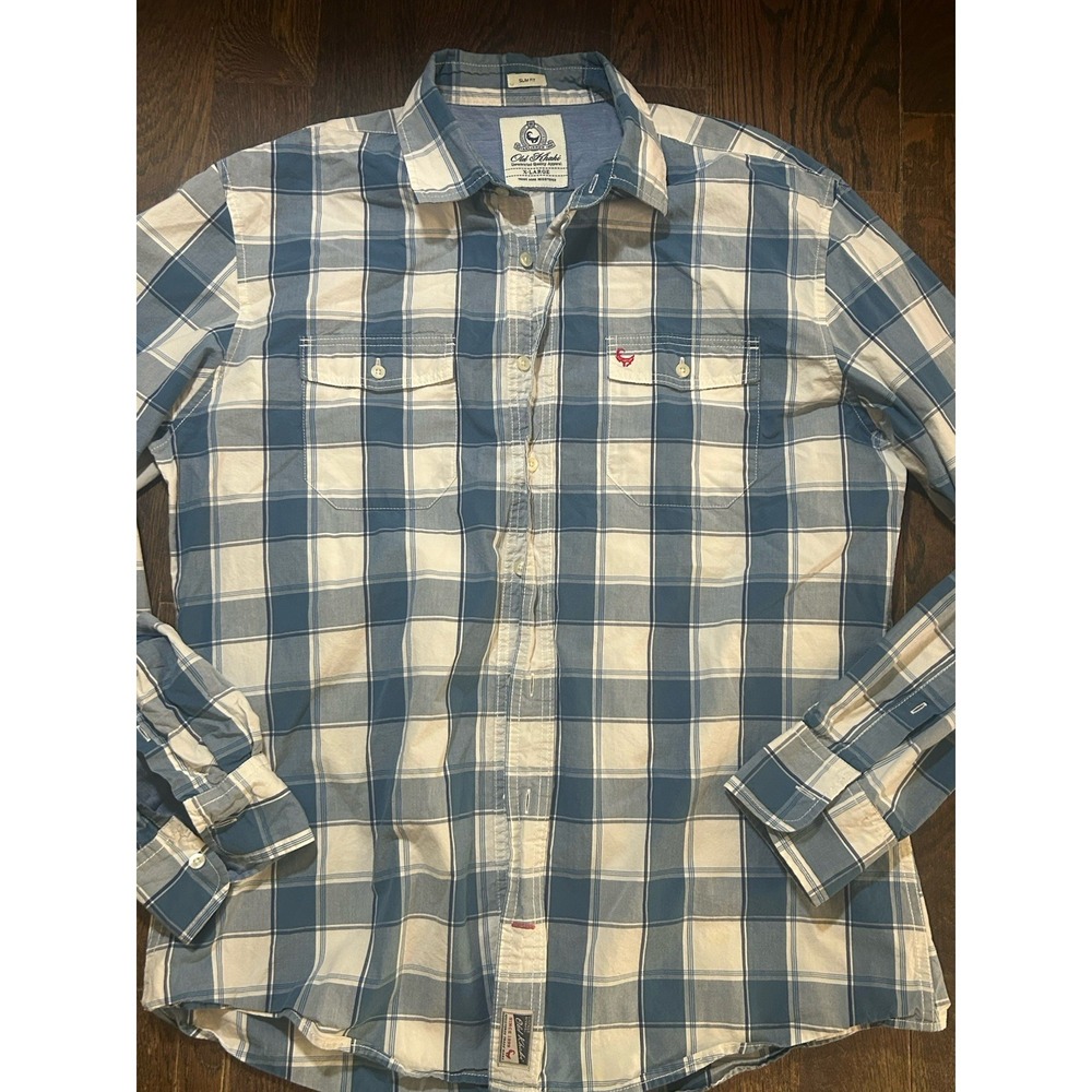Old Khaki Shirt‎ Mens XL White Blue Plaid Long Sleeve Slim Fit